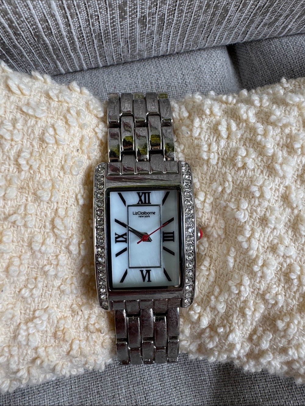 Liz Claiborne Silver-Tone Crystal-Trim Rectangular Watch with White Dial